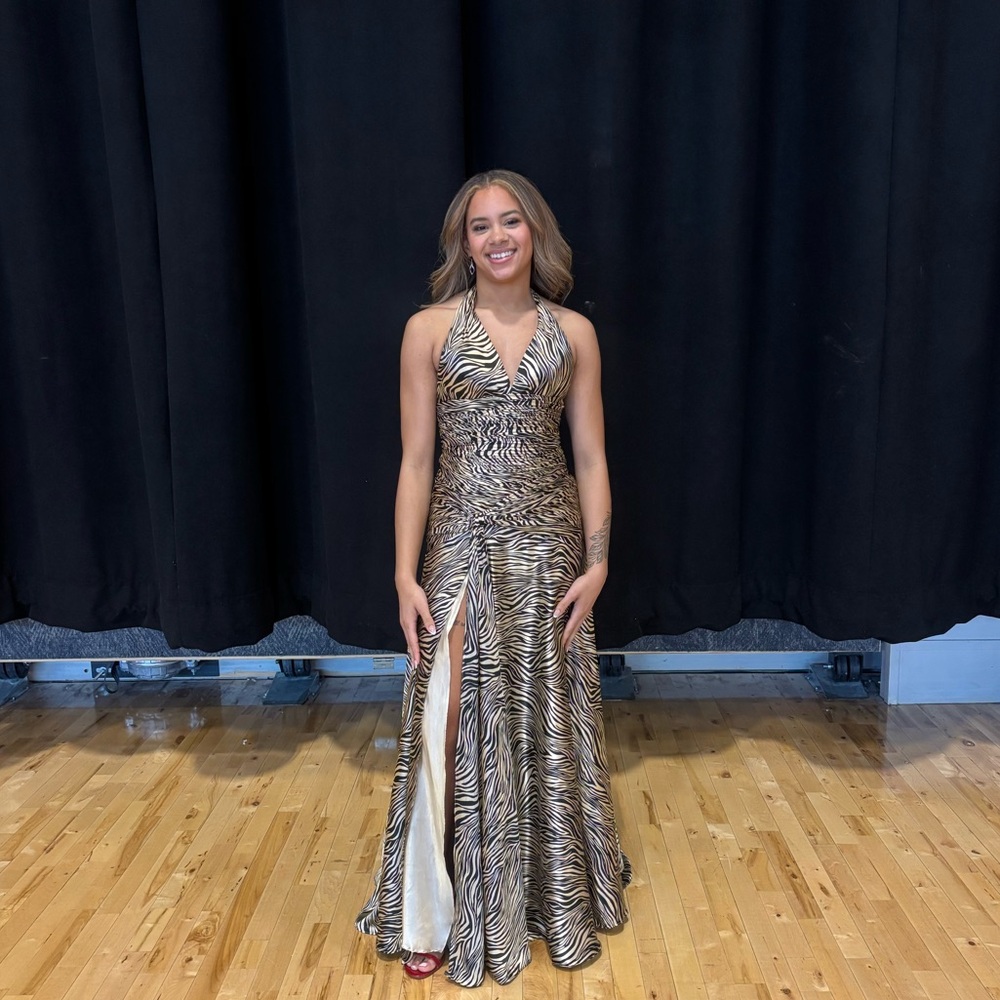 Halter Zebra-Print Prom Gown in Brown and Black